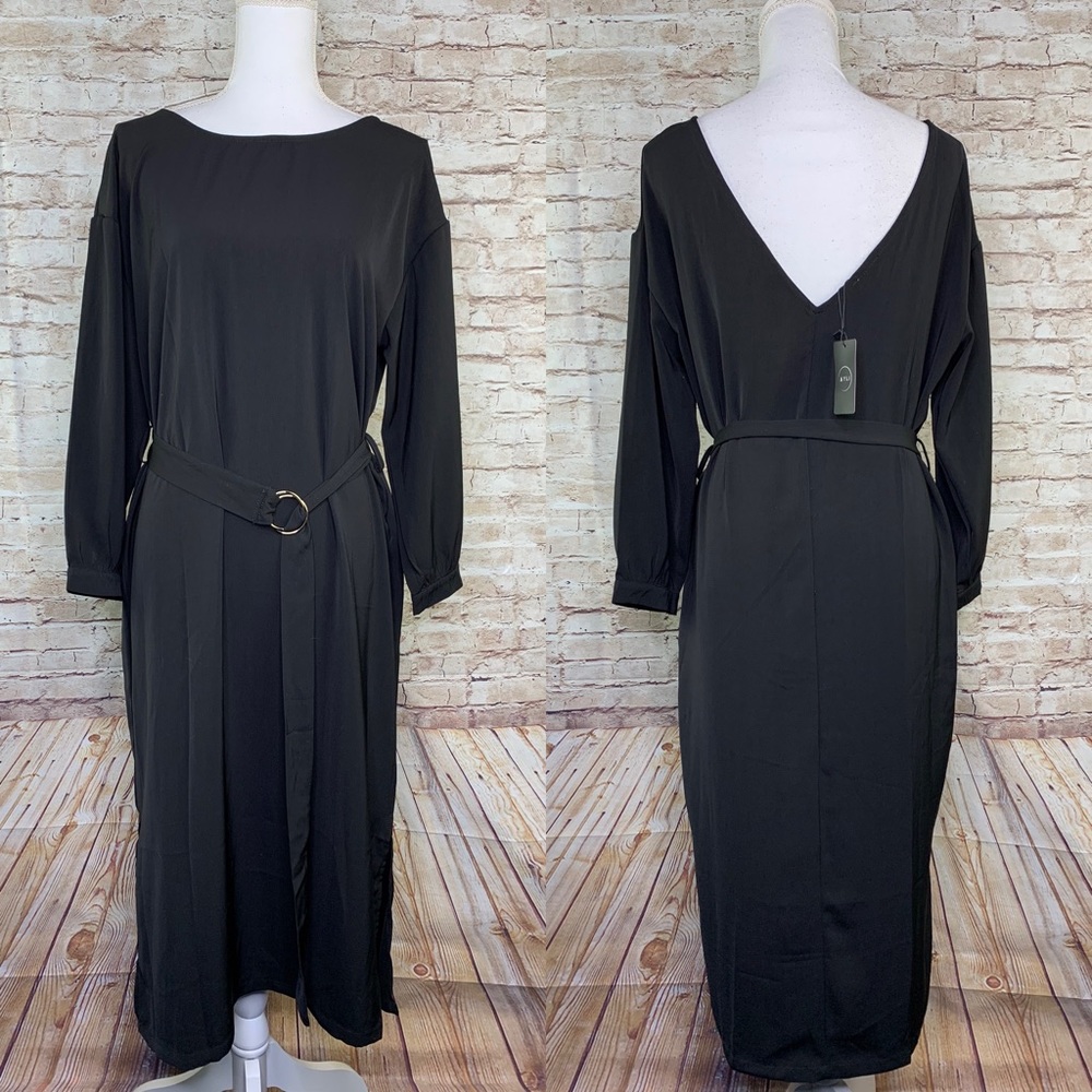 Ayli black dress long slleves sz L belted